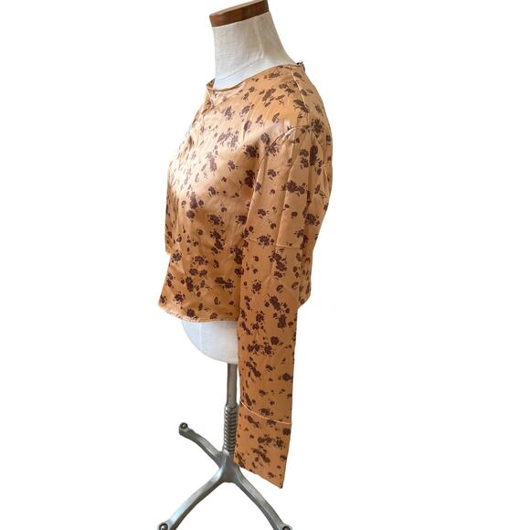ZARA Floral print peach satin long sleeve Top L - Picture 2 of 7